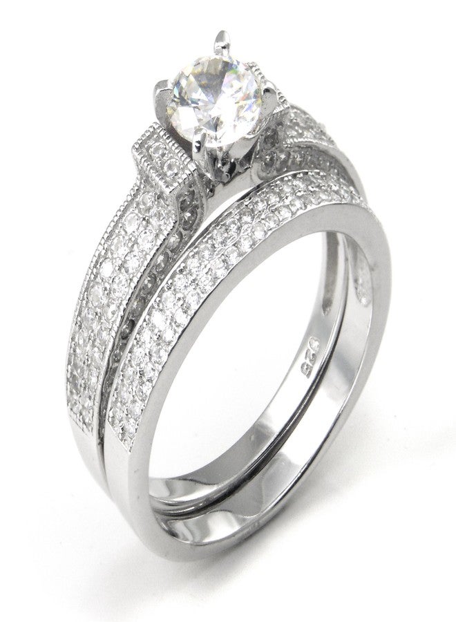 Metal Factory Sterling Silver Cubic Zirconia 2.1 Carat tw Round Cut CZ Pave Wedding Engagement Ring Set, Nickel Free Sz 8 - Image 1